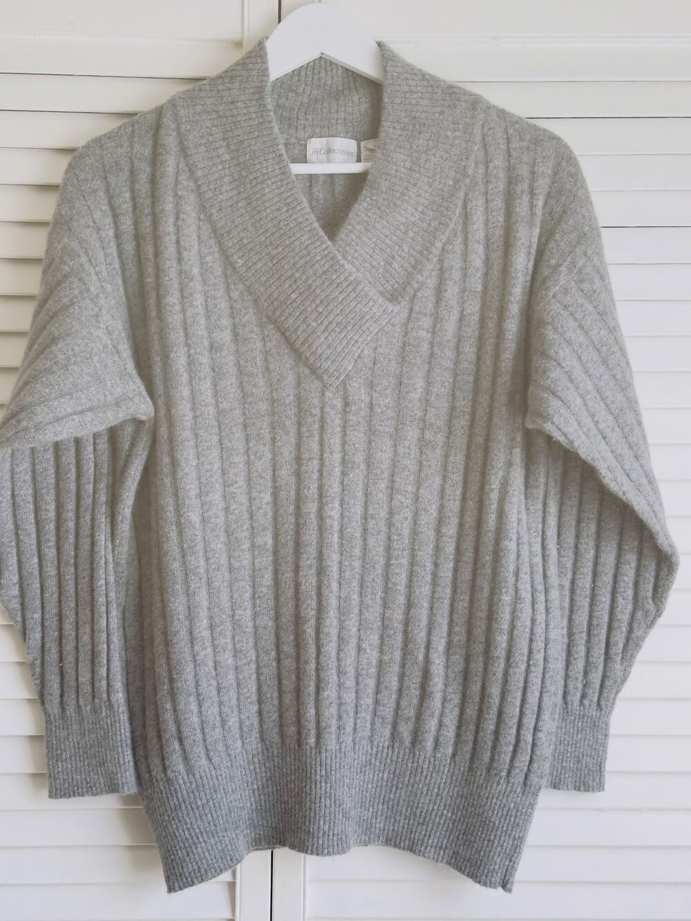 Vtg JH Collectibles Angora Lambswool Blend Ribbed Shawl Collar Sweater S Gray